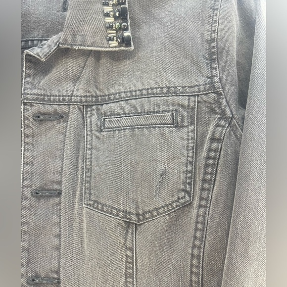 CAbi Jeans Black Distressed Jean Jacket with Beaded Collar Women’s Size Medium - Picture 9 of 16
